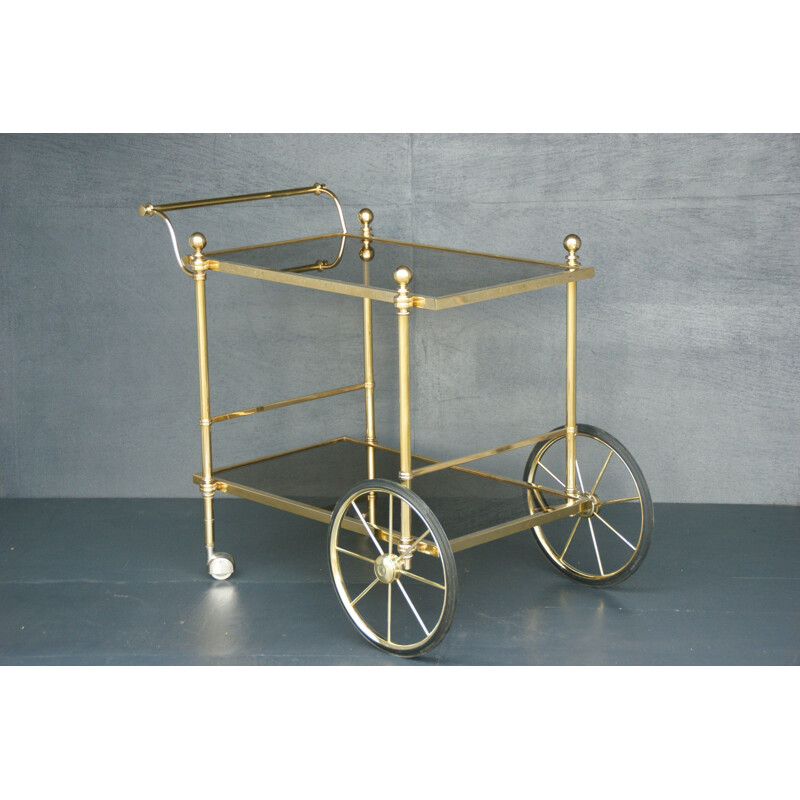 Chariot de bar vintage en verre fumé et laiton, 1970