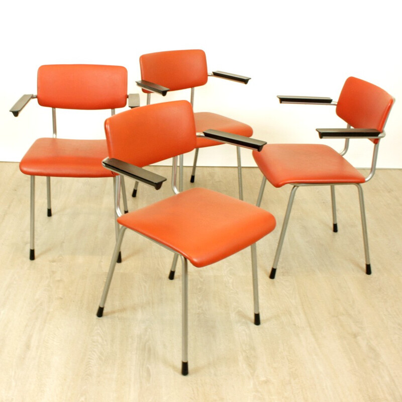 Suite de 4 chaises Gispen en métal et simili cuir orange - 1960