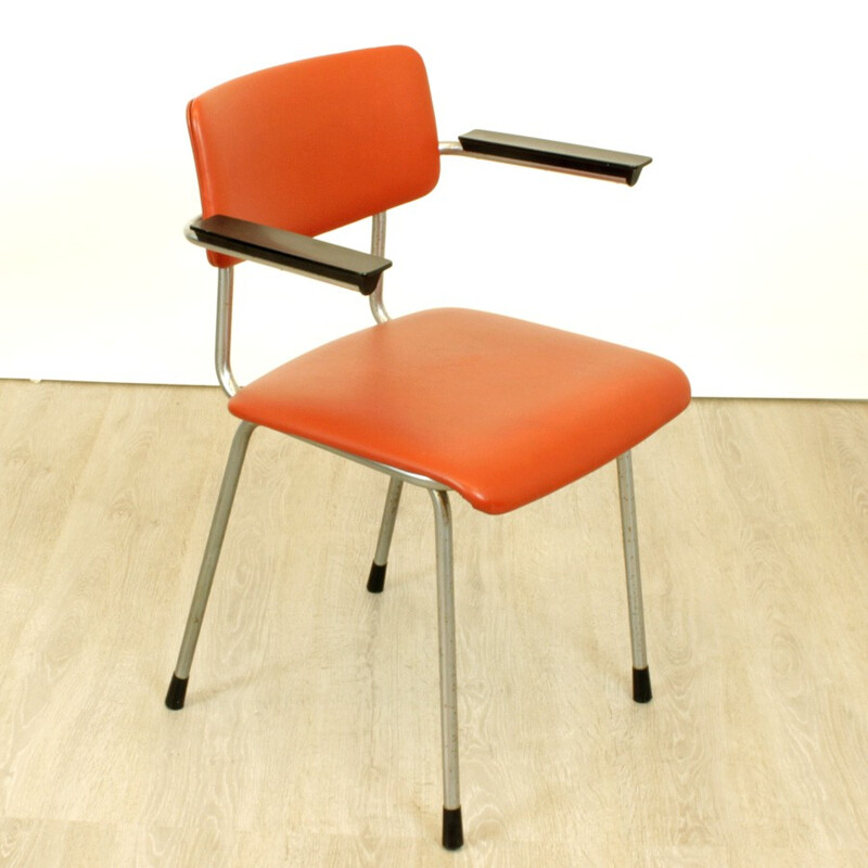 Set of 4 industrial Gispen chairs in orange skai and metal - 1960s