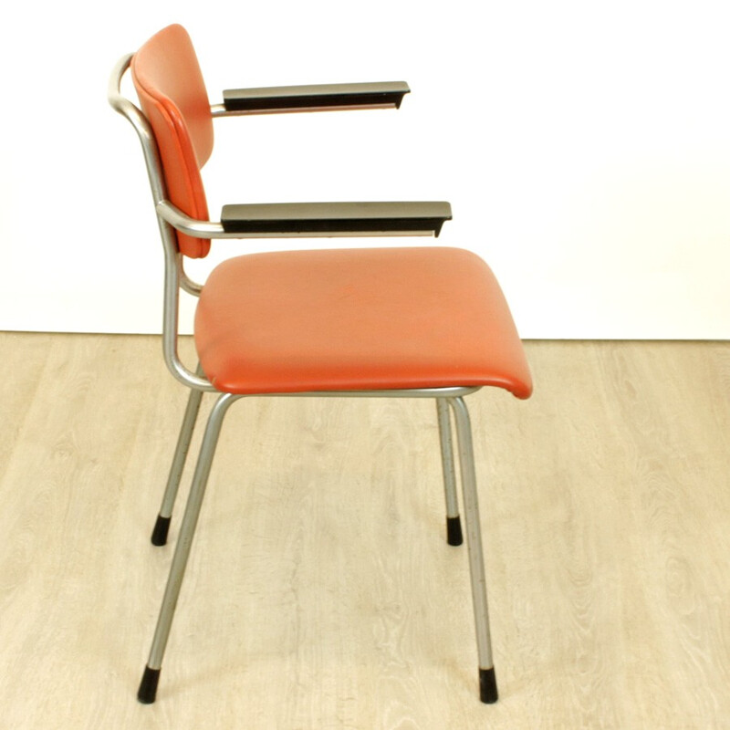 Set of 4 industrial Gispen chairs in orange skai and metal - 1960s
