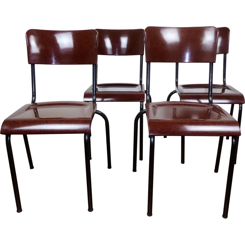 Mid century set of 4 chairs in bakelite and metal, René HERBST - 1940s
