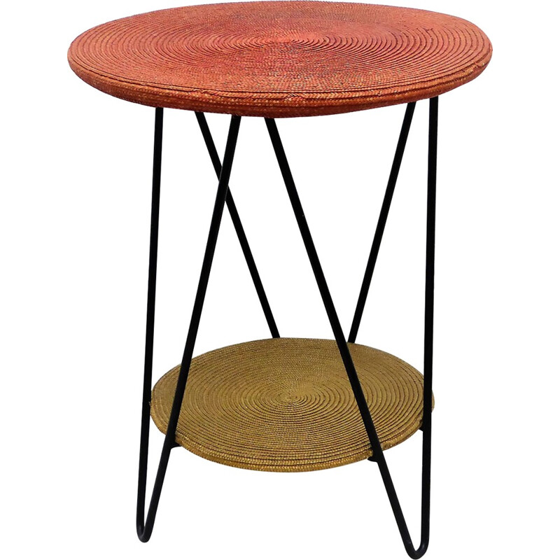 Mid century circular side table in straw and metal - 1950s