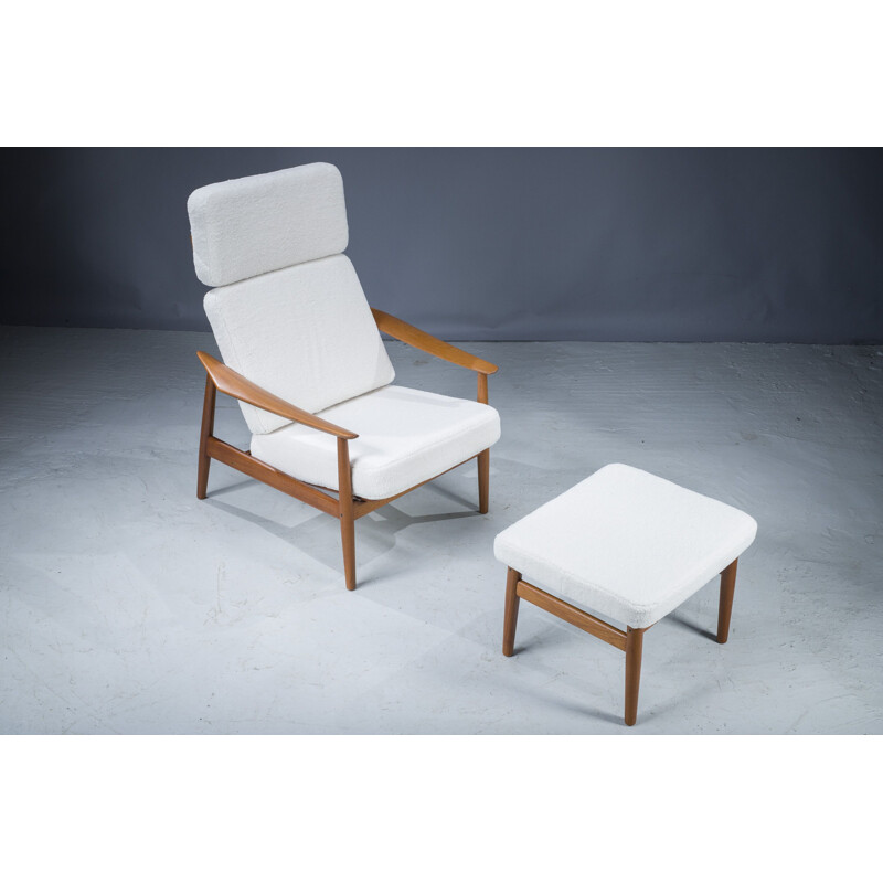 Mid-century Danish armchair and ottoman in teak and wool boucle by Arne Vodder for France & Søn, 1960s