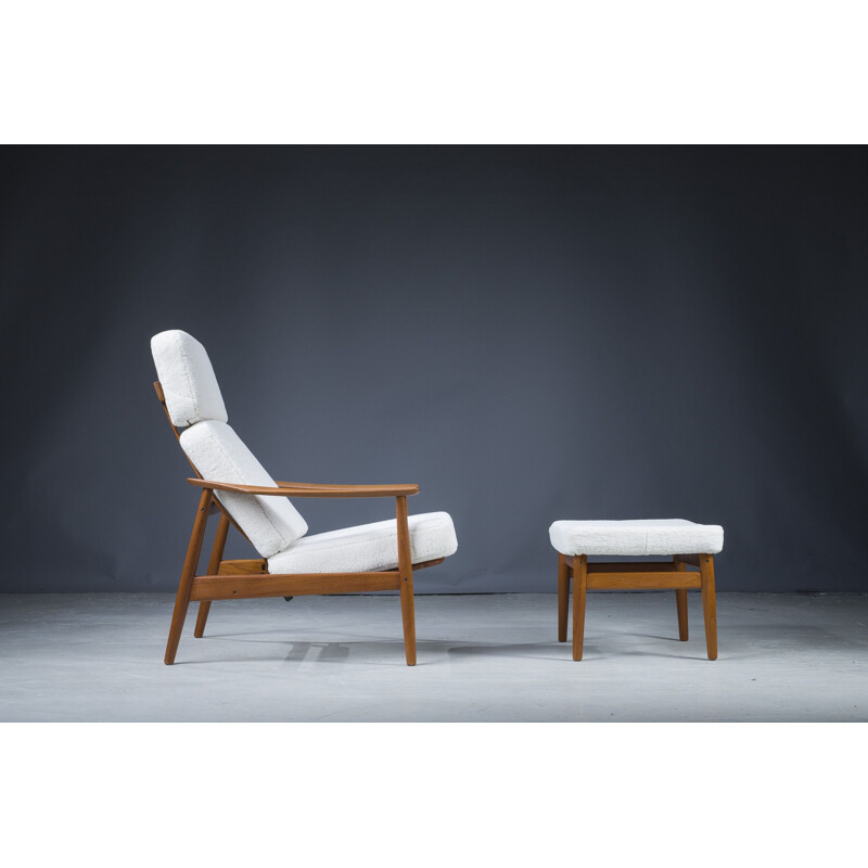 Mid-century Danish armchair and ottoman in teak and wool boucle by Arne Vodder for France & Søn, 1960s