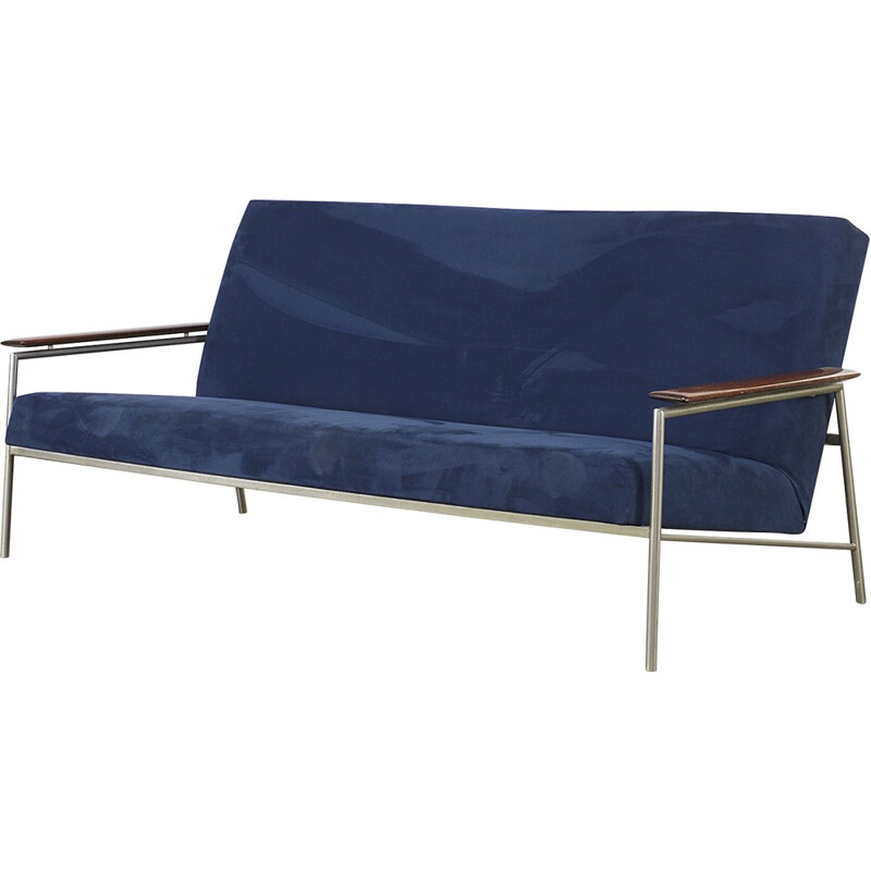 Mid-century 3 seater sofa in teak and dark blue fabric - 1960s