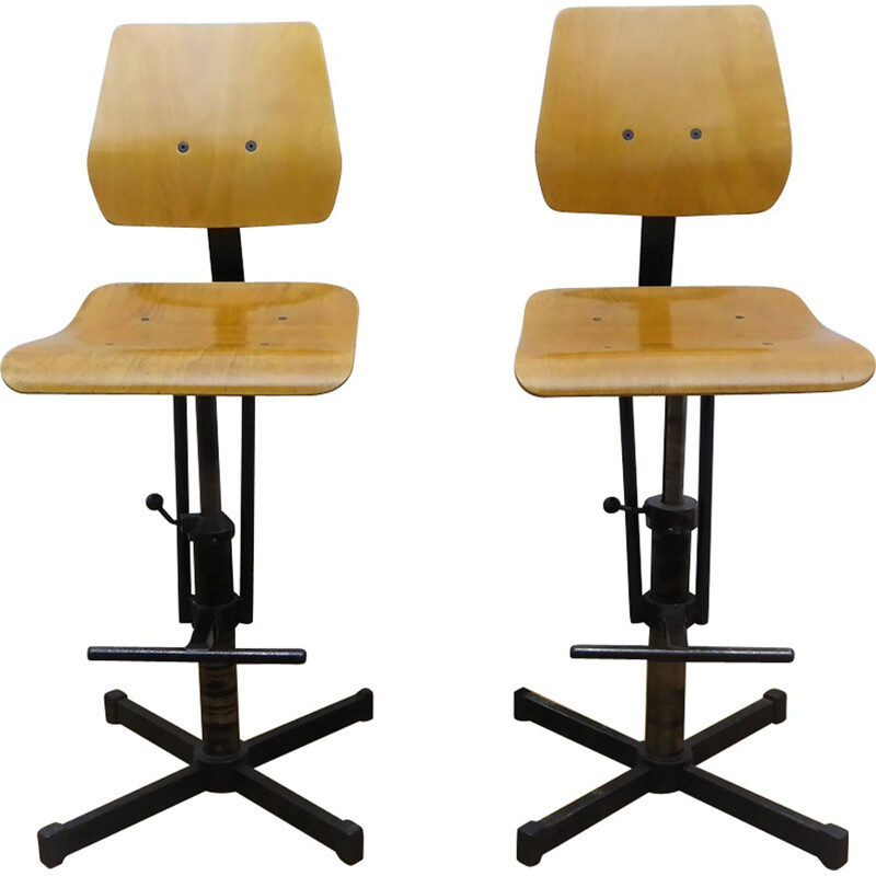 Pair of industrial high chairs in beech and metal - 1960s