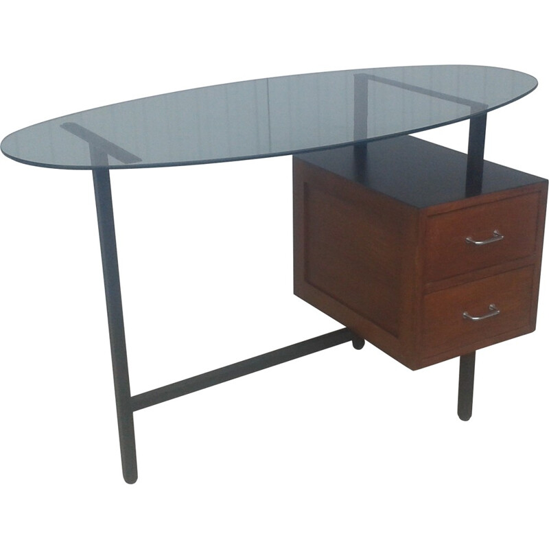 Vintage desk with glass top - 1950s