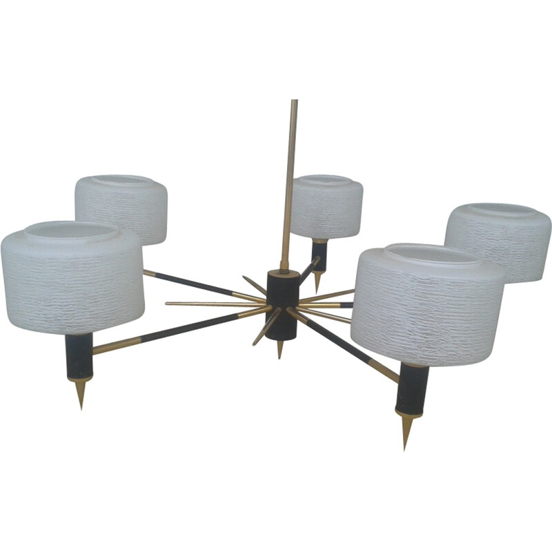 White glass and brass chandelier - 1960s