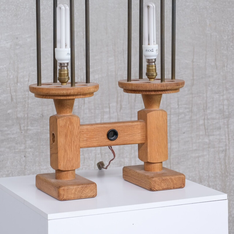 Pair of vintage oak table lamps by Guillerme et Chambron, France 1960