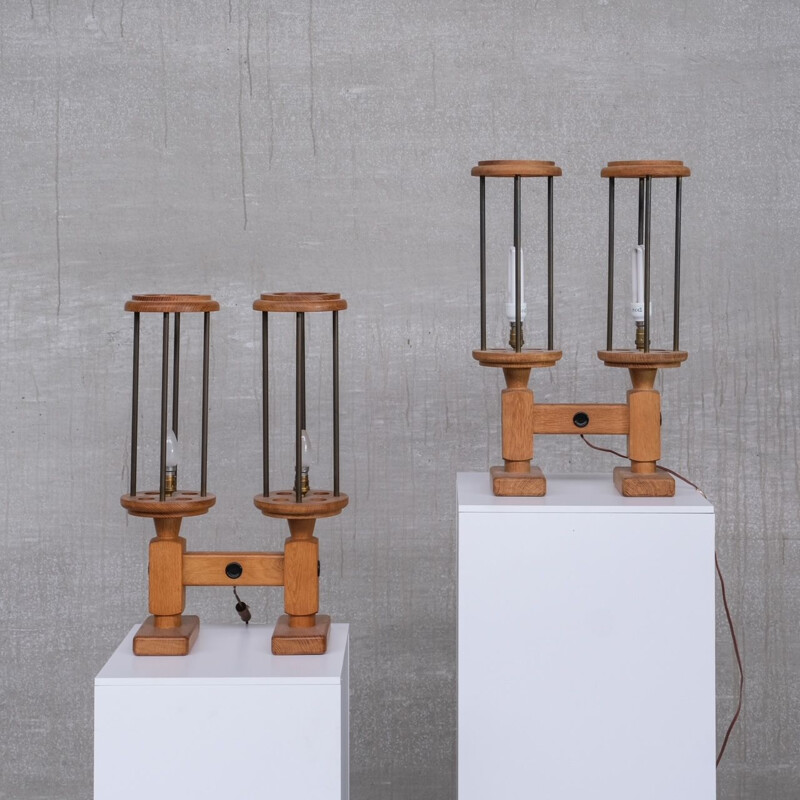 Pair of vintage oak table lamps by Guillerme et Chambron, France 1960