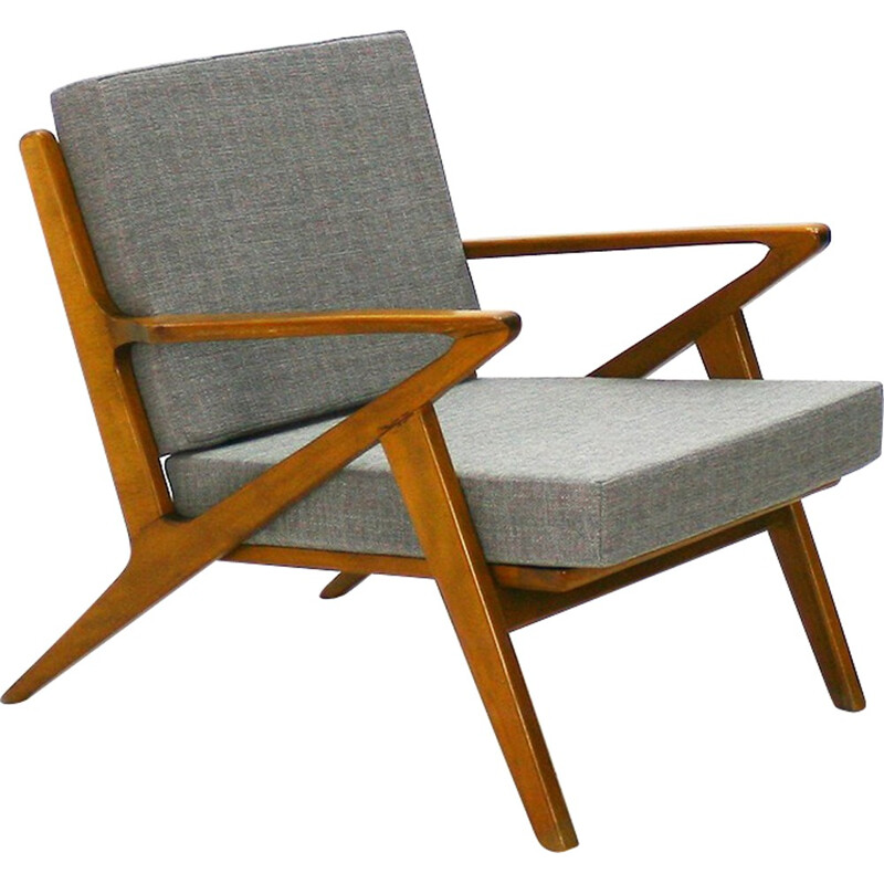 Mid century reupholstered armchair in beech and fabric - 1960s