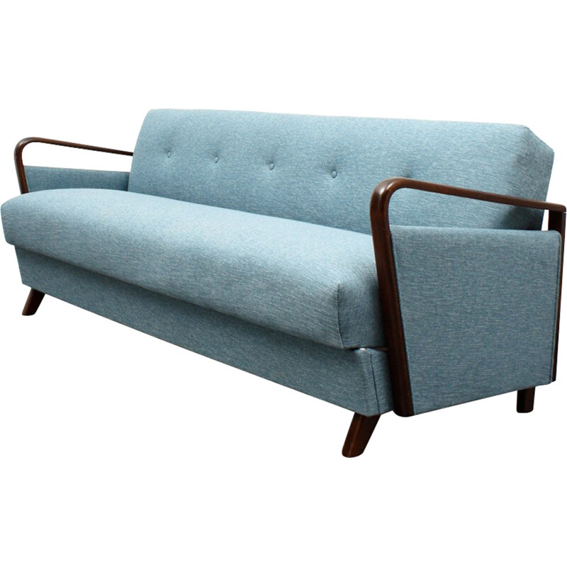 Canapé 3 places en tissu bleu et hêtre massif - 1950