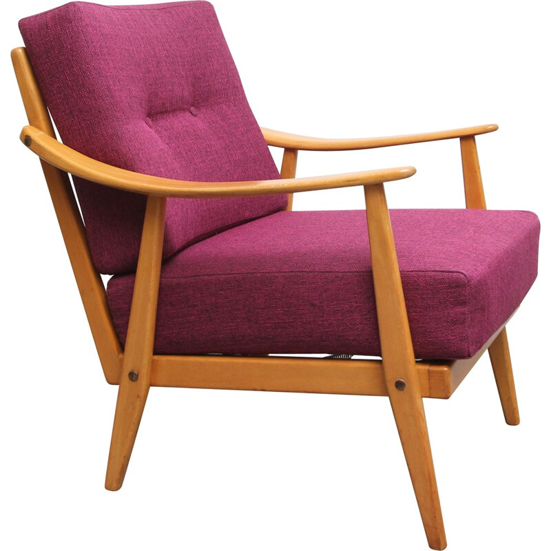 Fauteuil vintage retapissé en bois massif et tissu - 1950