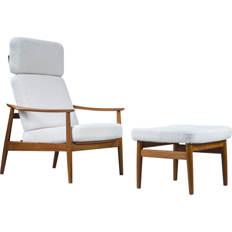 Mid-century Danish armchair and ottoman in teak and wool boucle by Arne Vodder for France & Søn, 1960s