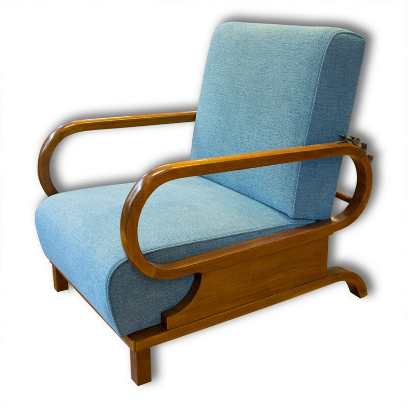 Pair of Czech armchairs in solid beech and blue fabric - 1930s