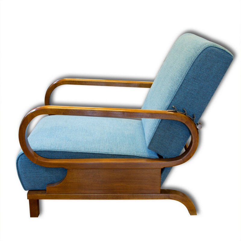 Pair of Czech armchairs in solid beech and blue fabric - 1930s