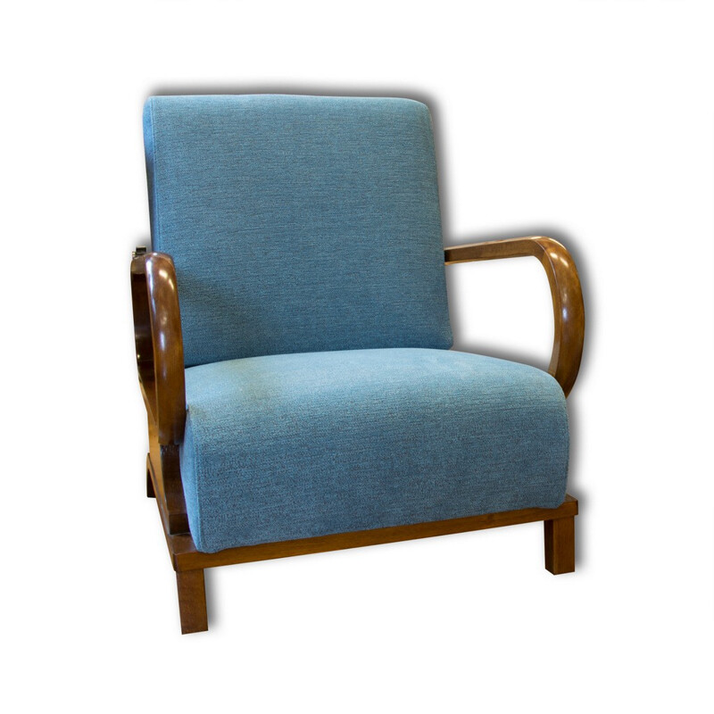Pair of Czech armchairs in solid beech and blue fabric - 1930s