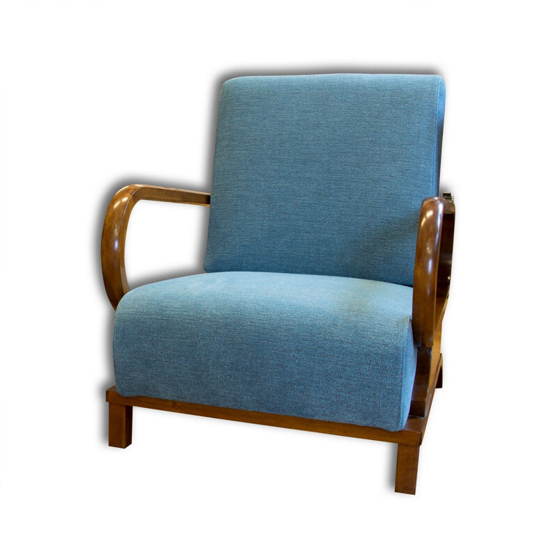 Pair of Czech armchairs in solid beech and blue fabric - 1930s