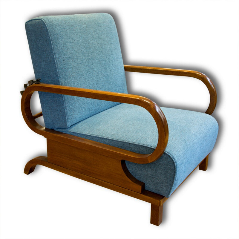 Pair of Czech armchairs in solid beech and blue fabric - 1930s