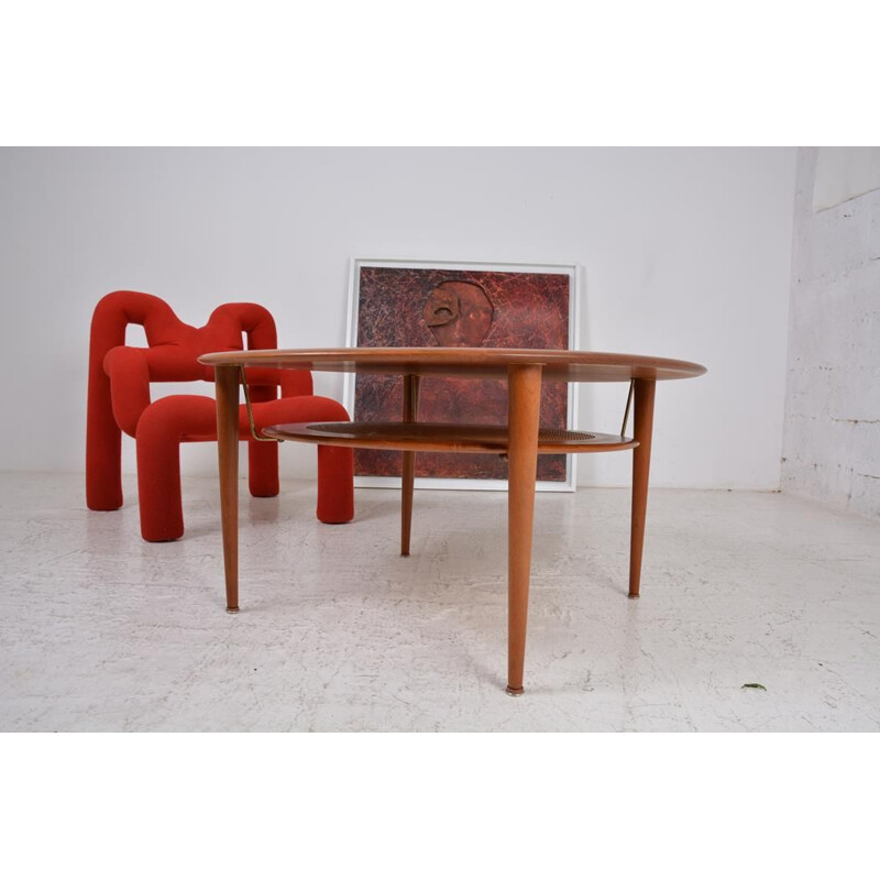 Vintage teak, brass and rattan coffee table by Peter Hvidt & Orla Mølgaard Nielsen, Denmark 1950s