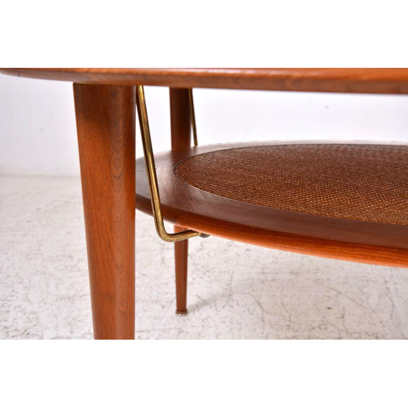 Vintage teak, brass and rattan coffee table by Peter Hvidt & Orla Mølgaard Nielsen, Denmark 1950s