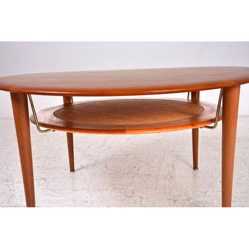 Vintage teak, brass and rattan coffee table by Peter Hvidt & Orla Mølgaard Nielsen, Denmark 1950s