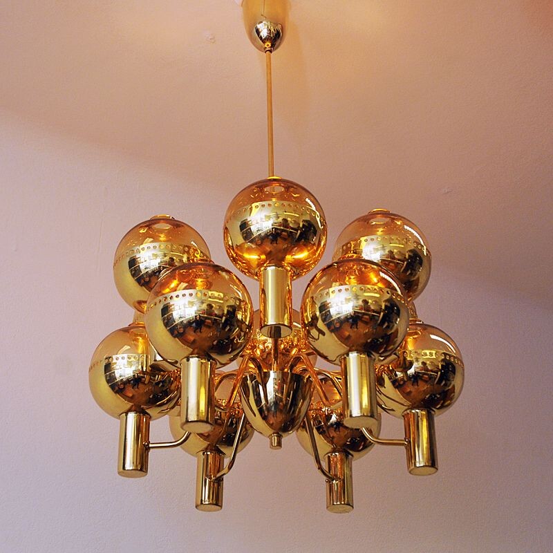 Vintage chandelier "T37212" in polished brass by Hans-Agne Jakobsson, Sweden 1950