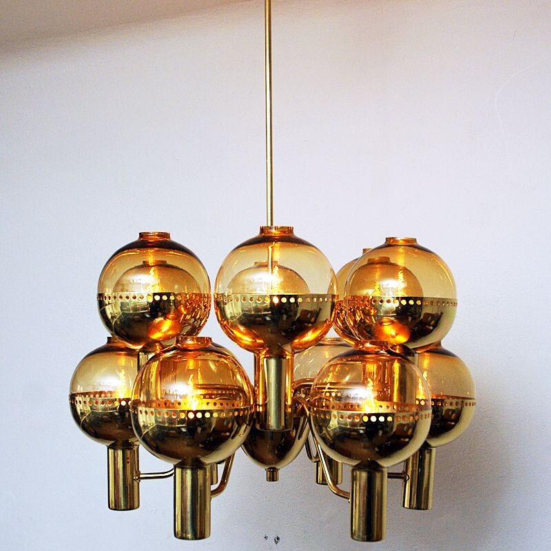Vintage chandelier "T37212" in polished brass by Hans-Agne Jakobsson, Sweden 1950