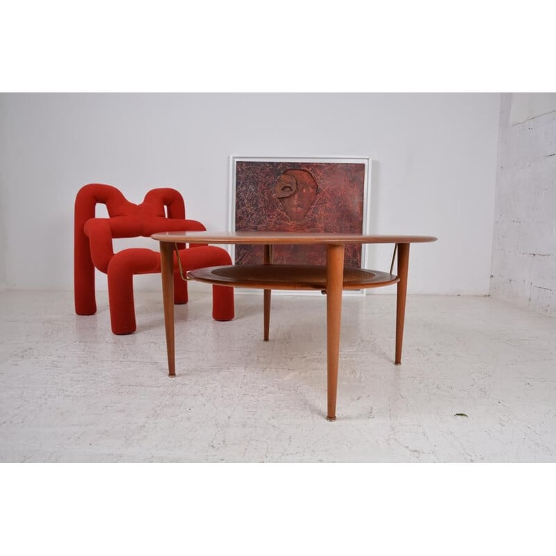 Vintage teak, brass and rattan coffee table by Peter Hvidt & Orla Mølgaard Nielsen, Denmark 1950s