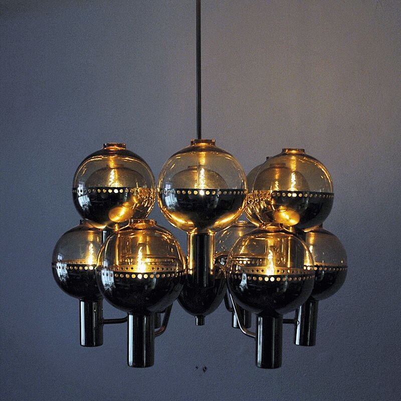 Vintage chandelier "T37212" in polished brass by Hans-Agne Jakobsson, Sweden 1950