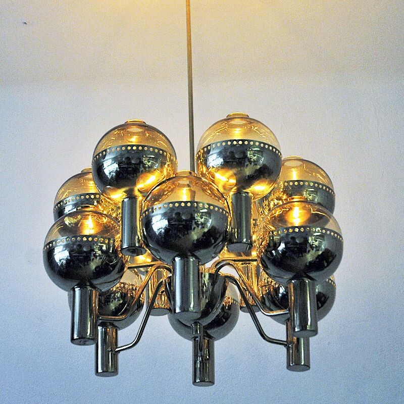 Vintage chandelier "T37212" in polished brass by Hans-Agne Jakobsson, Sweden 1950