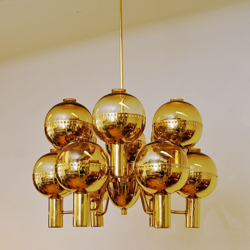 Vintage chandelier "T37212" in polished brass by Hans-Agne Jakobsson, Sweden 1950