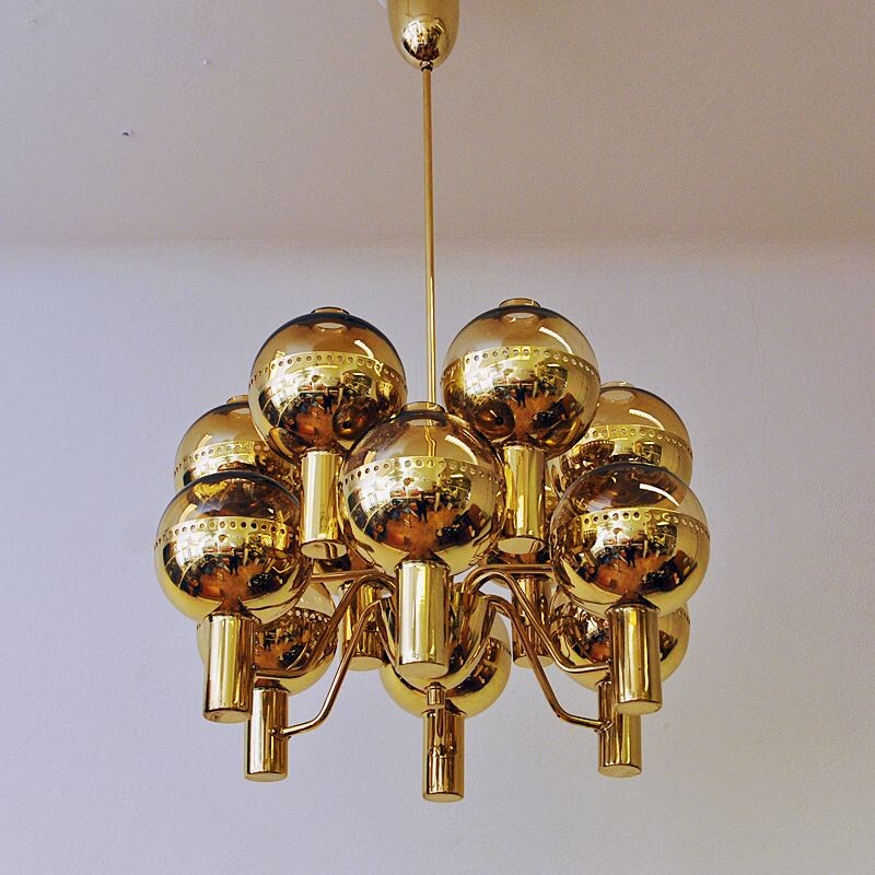 Vintage chandelier "T37212" in polished brass by Hans-Agne Jakobsson, Sweden 1950