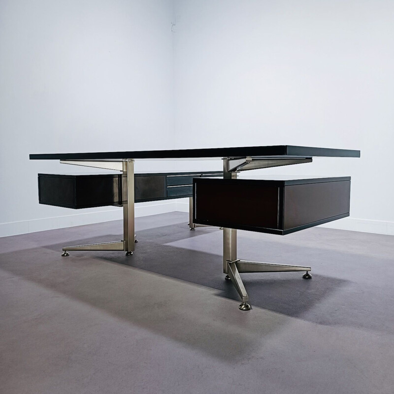 Vintage brushed steel executive desk by Abbondinterni, Italy 1970s