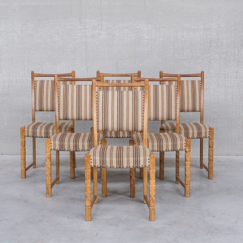 Conjunto de 6 cadeiras de carvalho vintage estofadas por Henning Kjaernulf, Dinamarca 1960