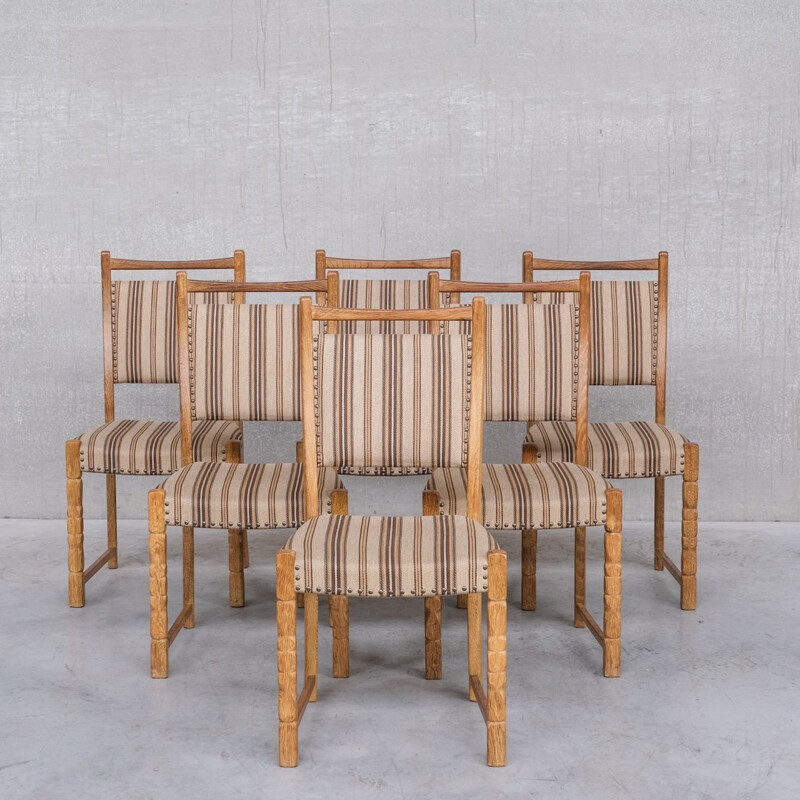 Conjunto de 6 cadeiras de carvalho vintage estofadas por Henning Kjaernulf, Dinamarca 1960