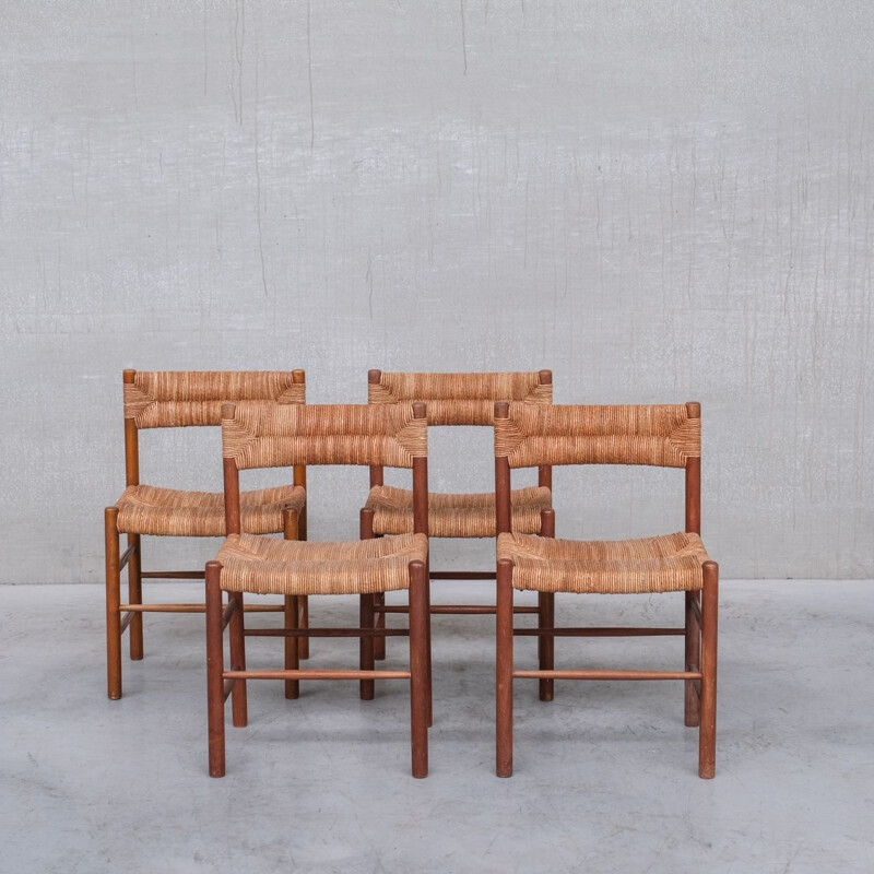 Set of 4 mid-century rush dining chairs by Charlotte Perriand, France 1950s