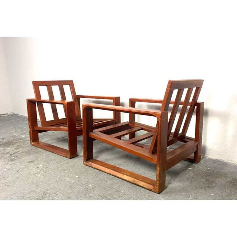 Pareja de sillones vintage de madera y tela beige de Miroslav Navratil, 1970