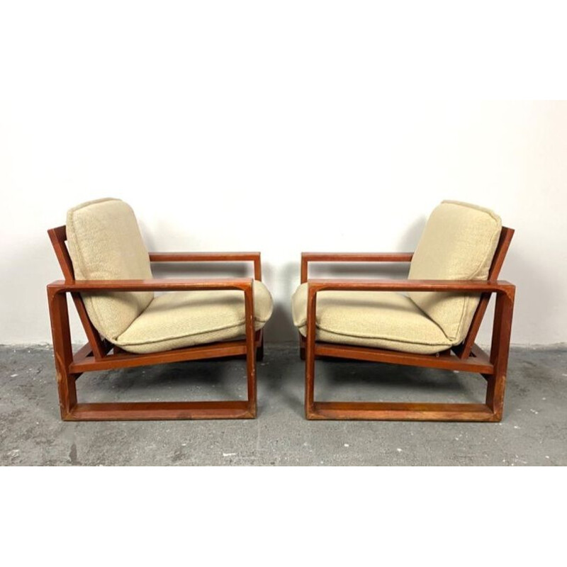 Paire de fauteuils vintage en bois et tissu beige par Miroslav Navratil, 1970