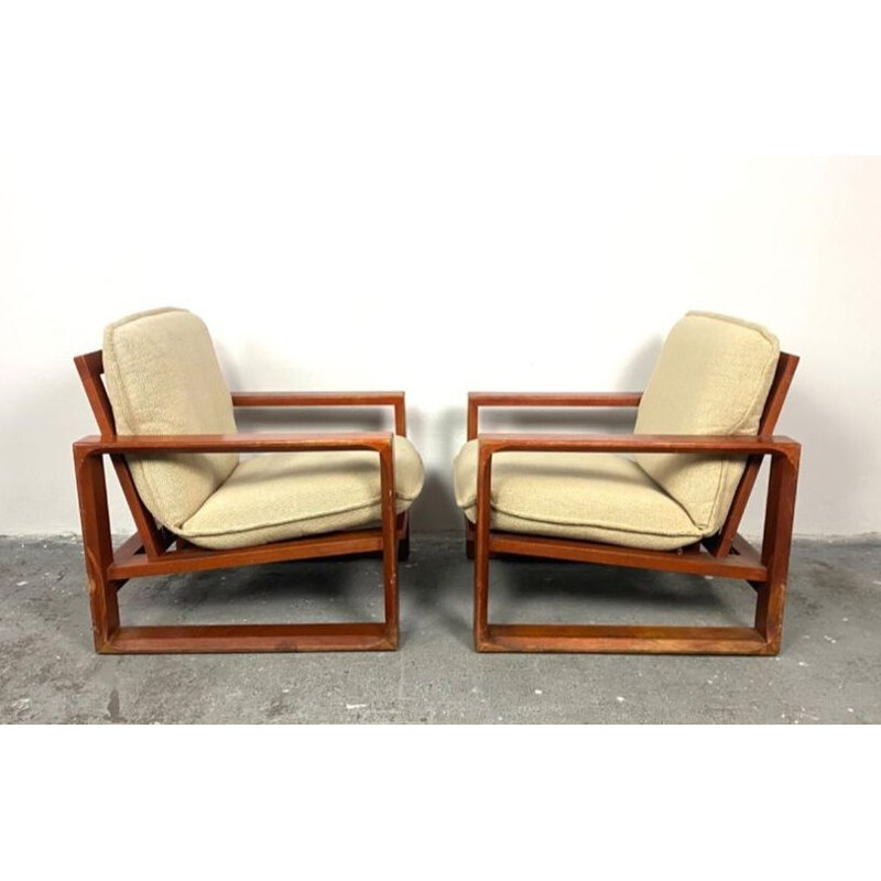 Pareja de sillones vintage de madera y tela beige de Miroslav Navratil, 1970