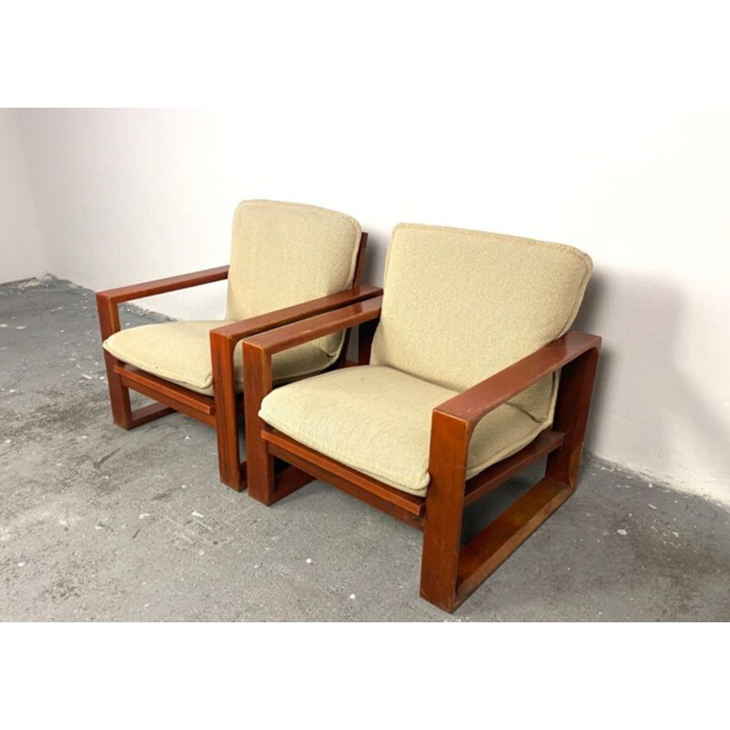 Pair of vintage wood and beige fabric armchairs by Miroslav Navratil, 1970