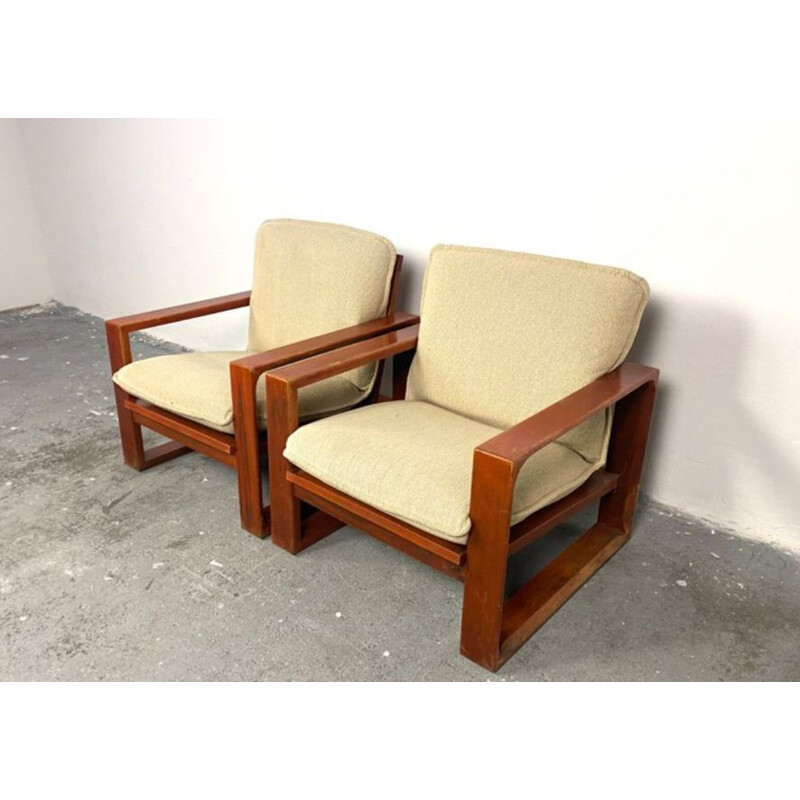 Paire de fauteuils vintage en bois et tissu beige par Miroslav Navratil, 1970