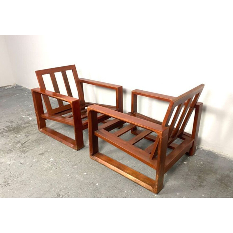 Pair of vintage wood and beige fabric armchairs by Miroslav Navratil, 1970