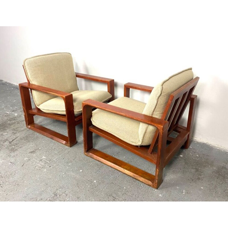 Pareja de sillones vintage de madera y tela beige de Miroslav Navratil, 1970