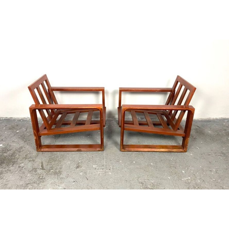 Pair of vintage wood and beige fabric armchairs by Miroslav Navratil, 1970