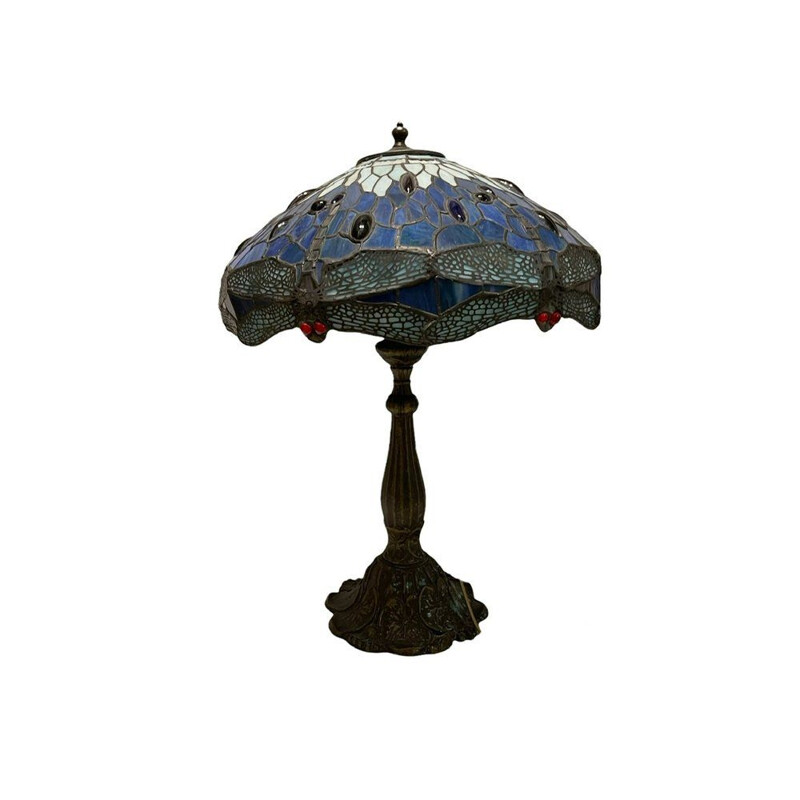 Lámpara de mesa Tiffany vintage en bronce con pantalla de resina