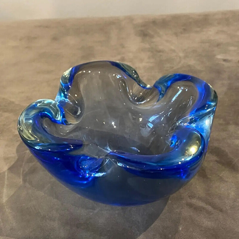 Mid-century blue heavy Murano glass ashtray by Flavio Poli, 1970s