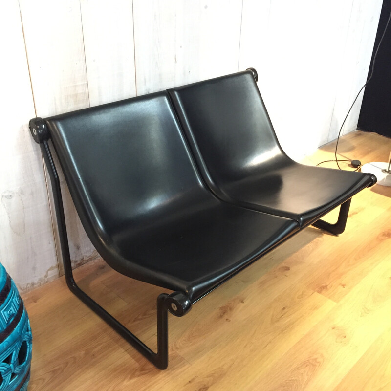 Black plastic 2 seaters bench, HANNAH & MORRISSON - 1960s