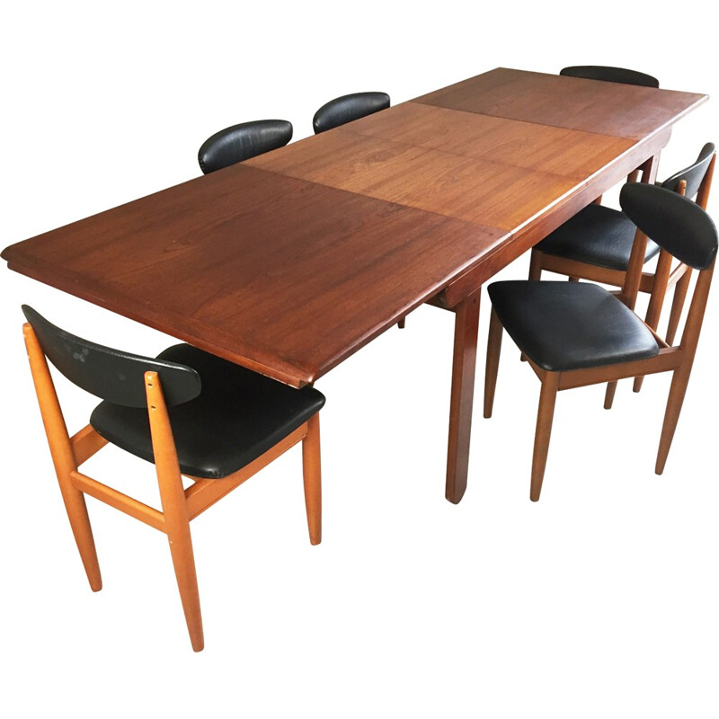 Ensemble de table à rallonges et 6 chaises en teck et simili cuir - 1970