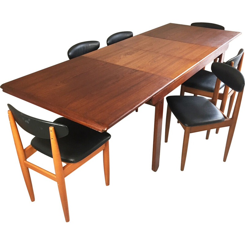 Set of extendable table and 6 chairs in teak and leatherette - 1970s